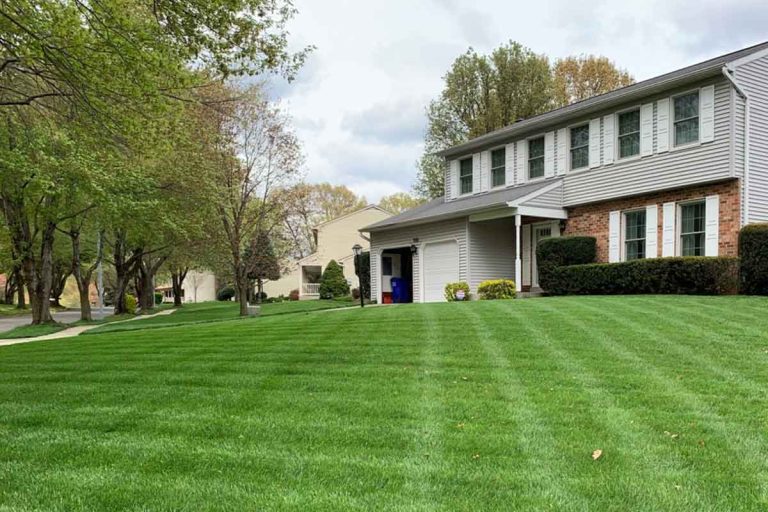 A maryland house with a wide, lush green lawn treated by MRW Lawns, framed by trees and a welcoming front porch.
